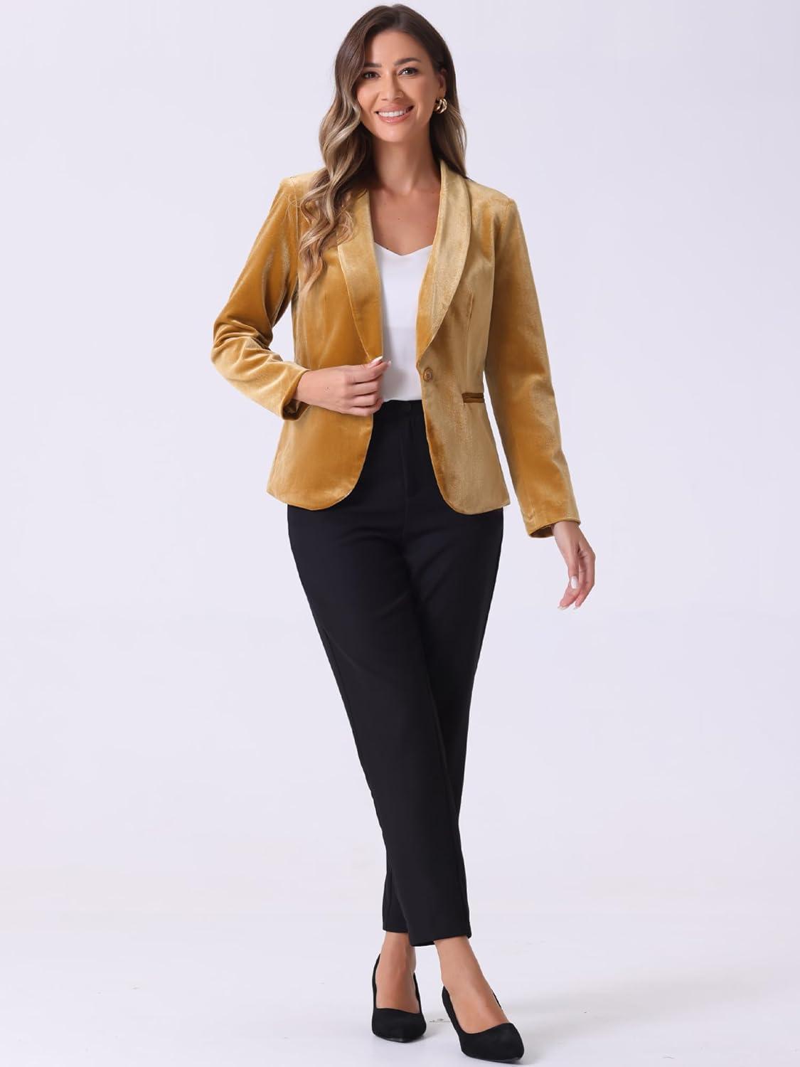 imageAllegra K Womens Halloween Christmas Office Coat Solid Shawl Collar 1 Button Velvet BlazerDark Yellow
