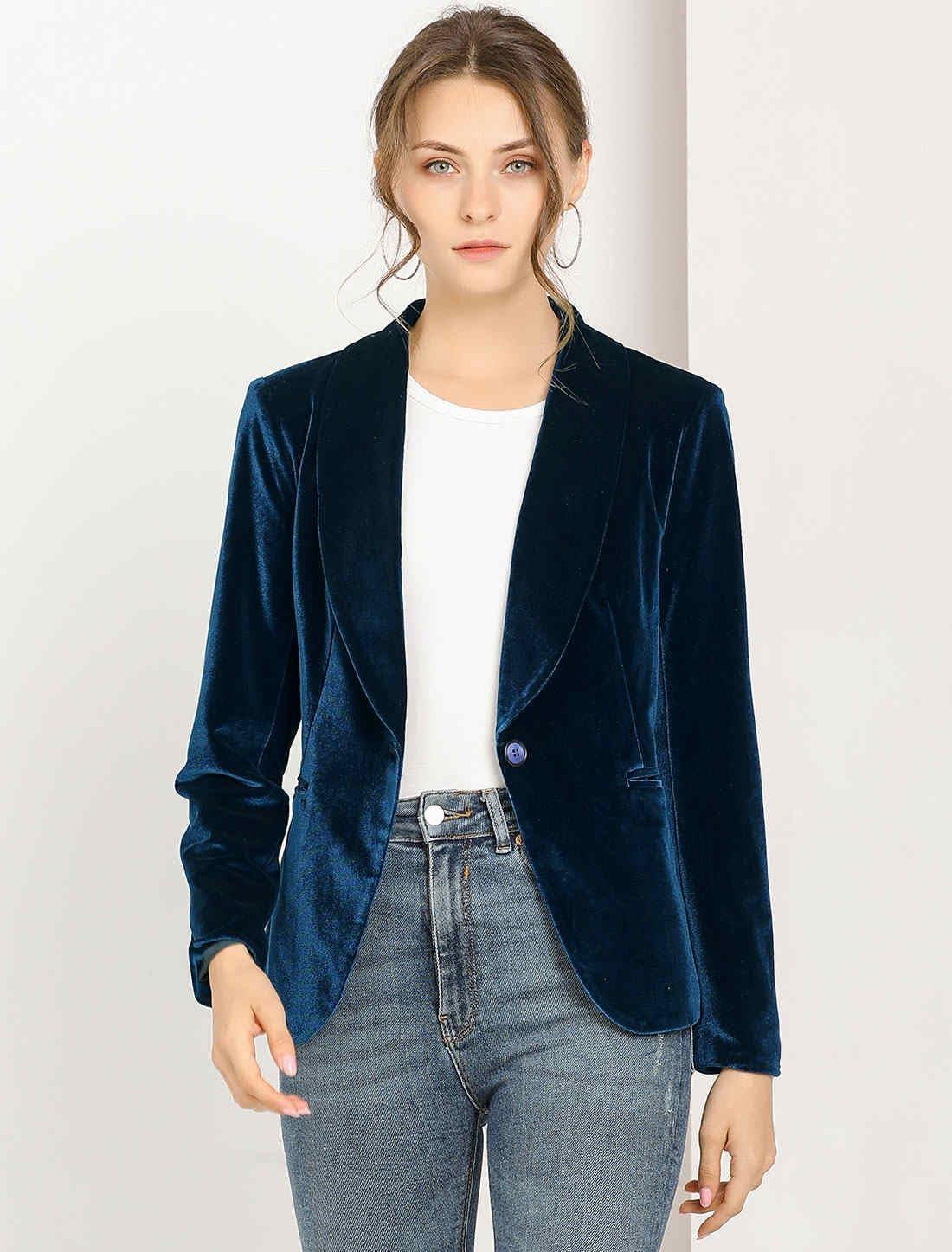 imageAllegra K Womens Halloween Christmas Office Coat Solid Shawl Collar 1 Button Velvet BlazerDeep Blue