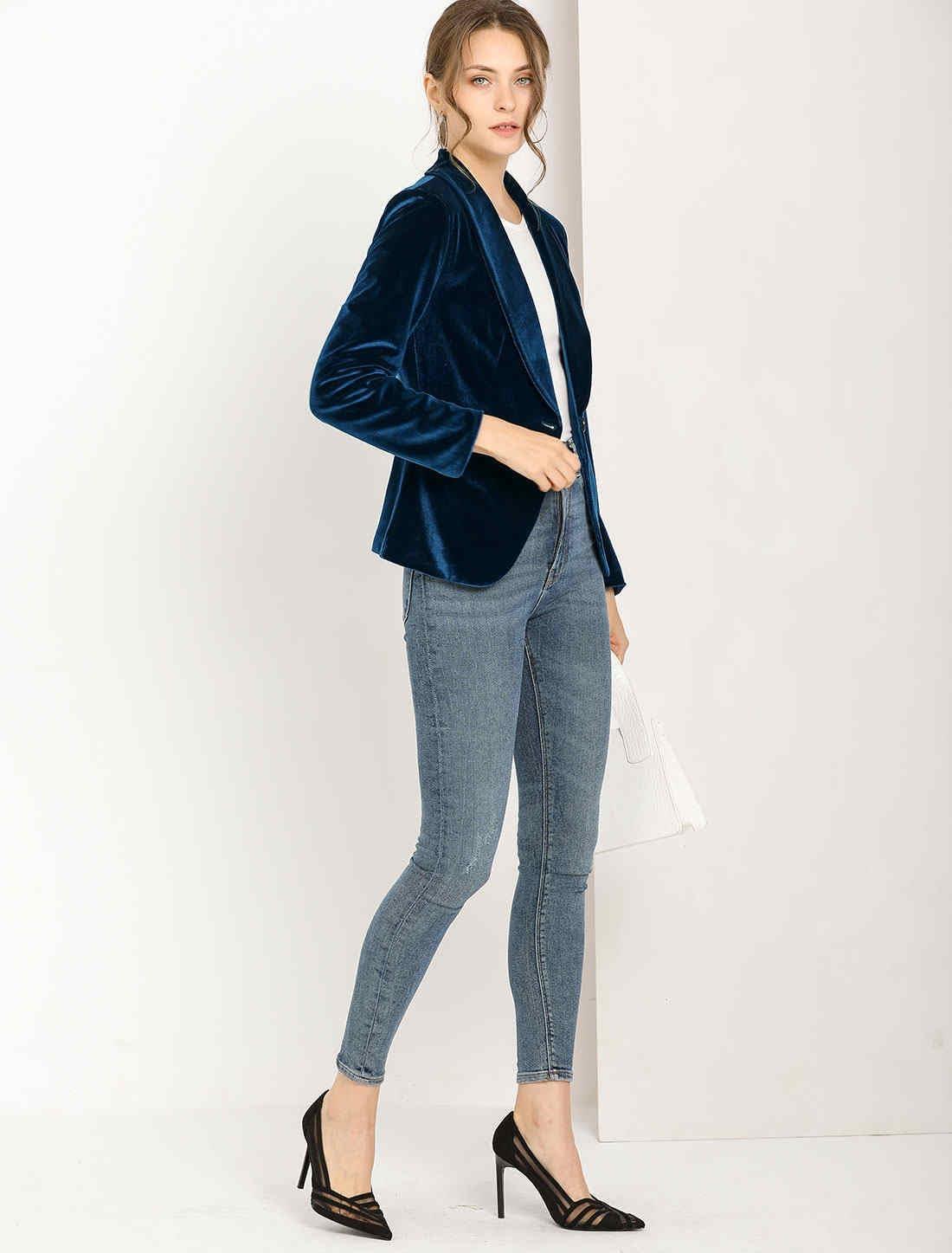 imageAllegra K Womens Halloween Christmas Office Coat Solid Shawl Collar 1 Button Velvet BlazerDeep Blue