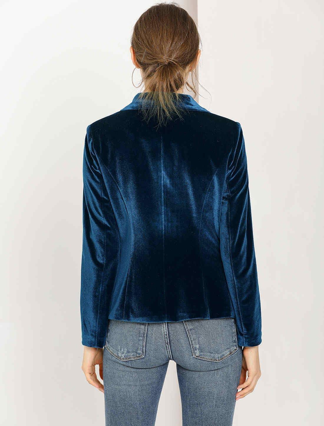 imageAllegra K Womens Halloween Christmas Office Coat Solid Shawl Collar 1 Button Velvet BlazerDeep Blue