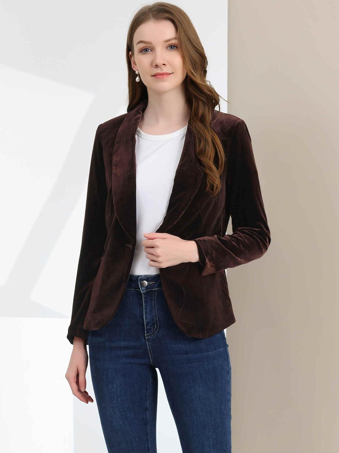imageAllegra K Womens Halloween Christmas Office Coat Solid Shawl Collar 1 Button Velvet BlazerDeep Brown