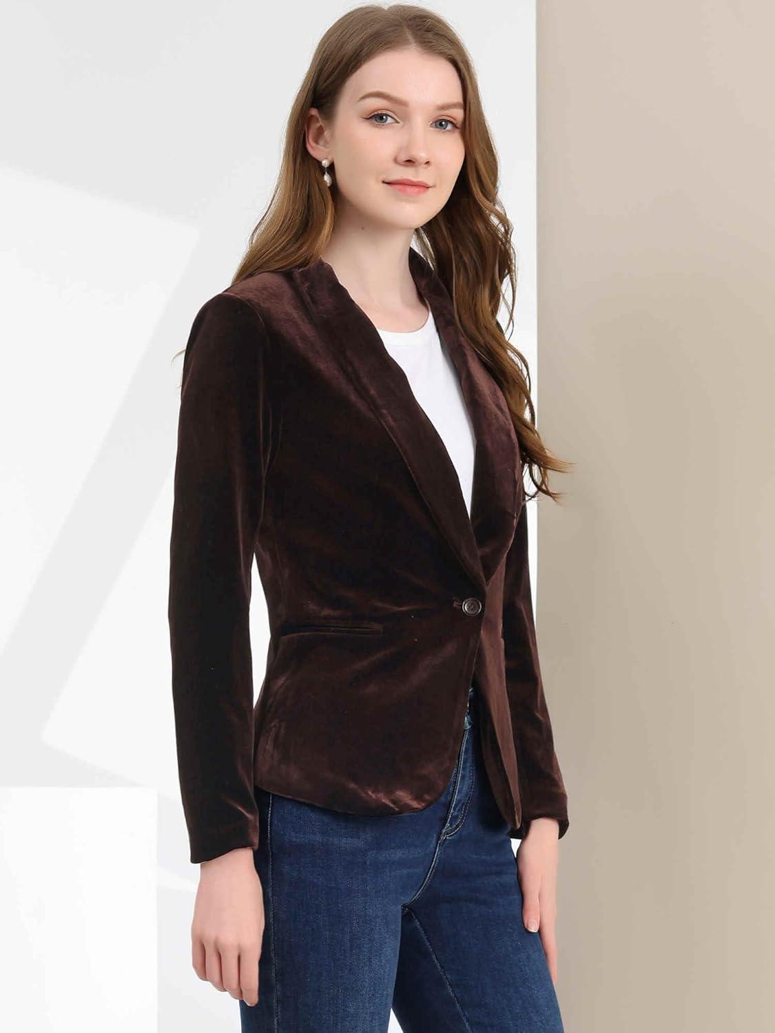 imageAllegra K Womens Halloween Christmas Office Coat Solid Shawl Collar 1 Button Velvet BlazerDeep Brown