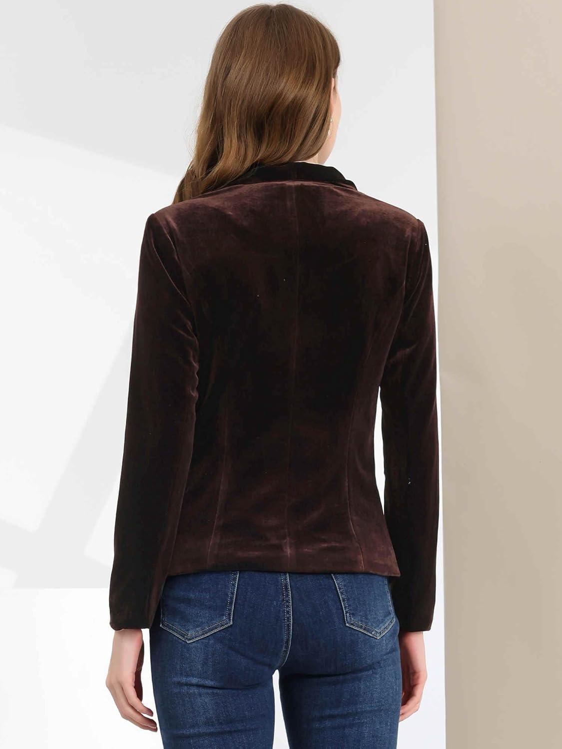 imageAllegra K Womens Halloween Christmas Office Coat Solid Shawl Collar 1 Button Velvet BlazerDeep Brown