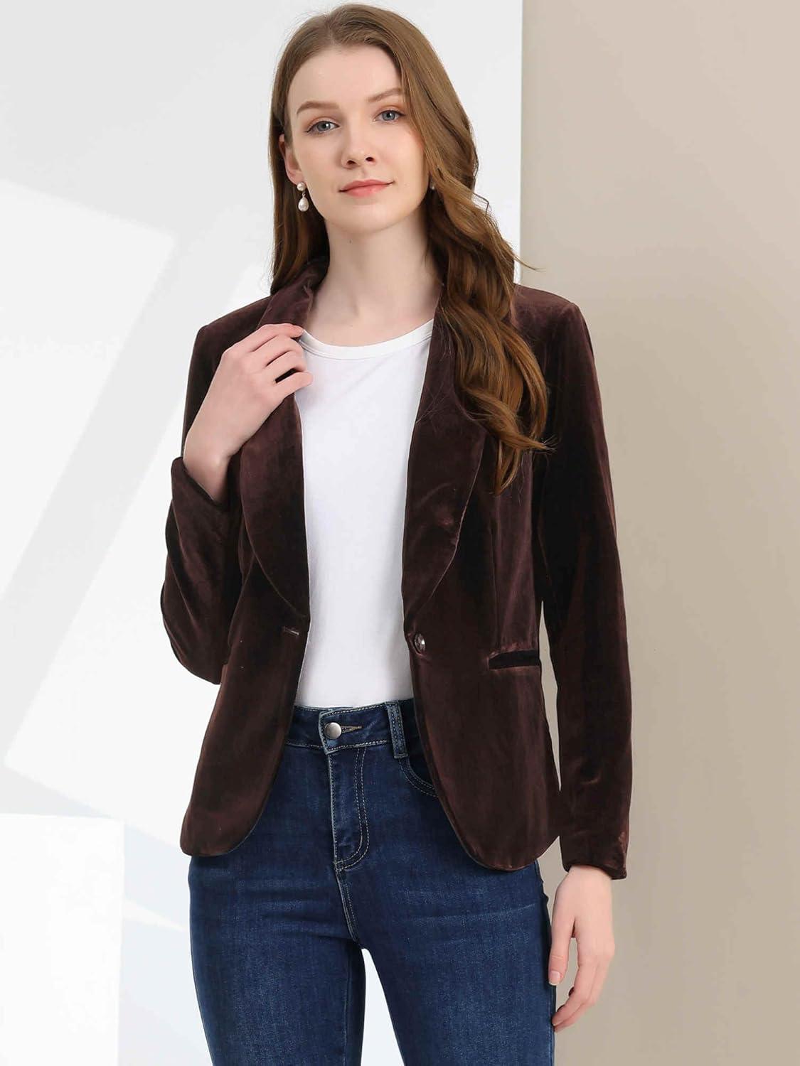 imageAllegra K Womens Halloween Christmas Office Coat Solid Shawl Collar 1 Button Velvet BlazerDeep Brown