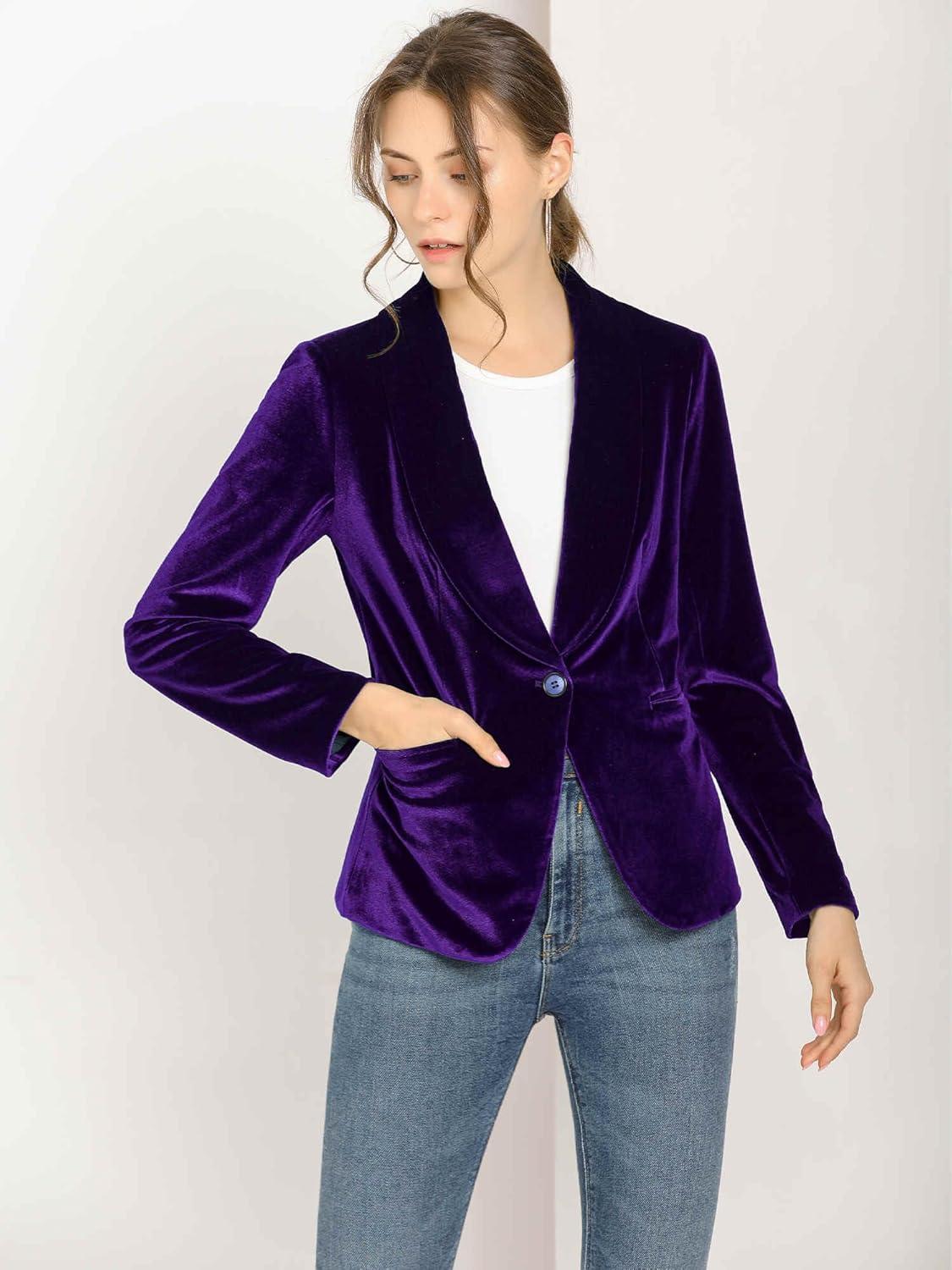 imageAllegra K Womens Halloween Christmas Office Coat Solid Shawl Collar 1 Button Velvet BlazerDeep Purple
