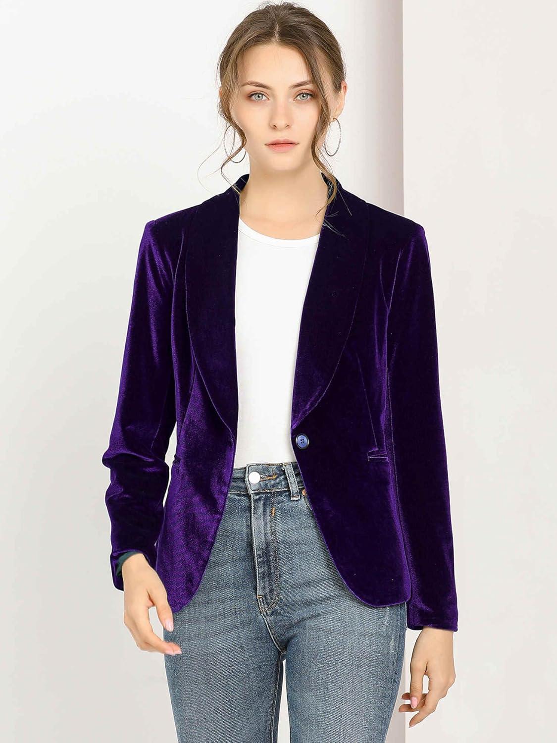 imageAllegra K Womens Halloween Christmas Office Coat Solid Shawl Collar 1 Button Velvet BlazerDeep Purple