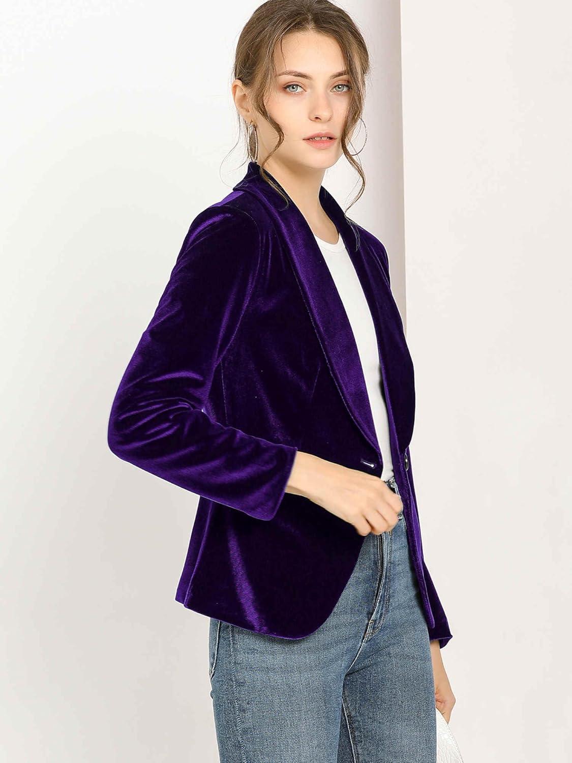 imageAllegra K Womens Halloween Christmas Office Coat Solid Shawl Collar 1 Button Velvet BlazerDeep Purple