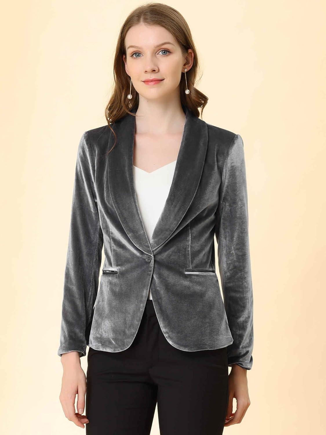 imageAllegra K Womens Halloween Christmas Office Coat Solid Shawl Collar 1 Button Velvet BlazerGray