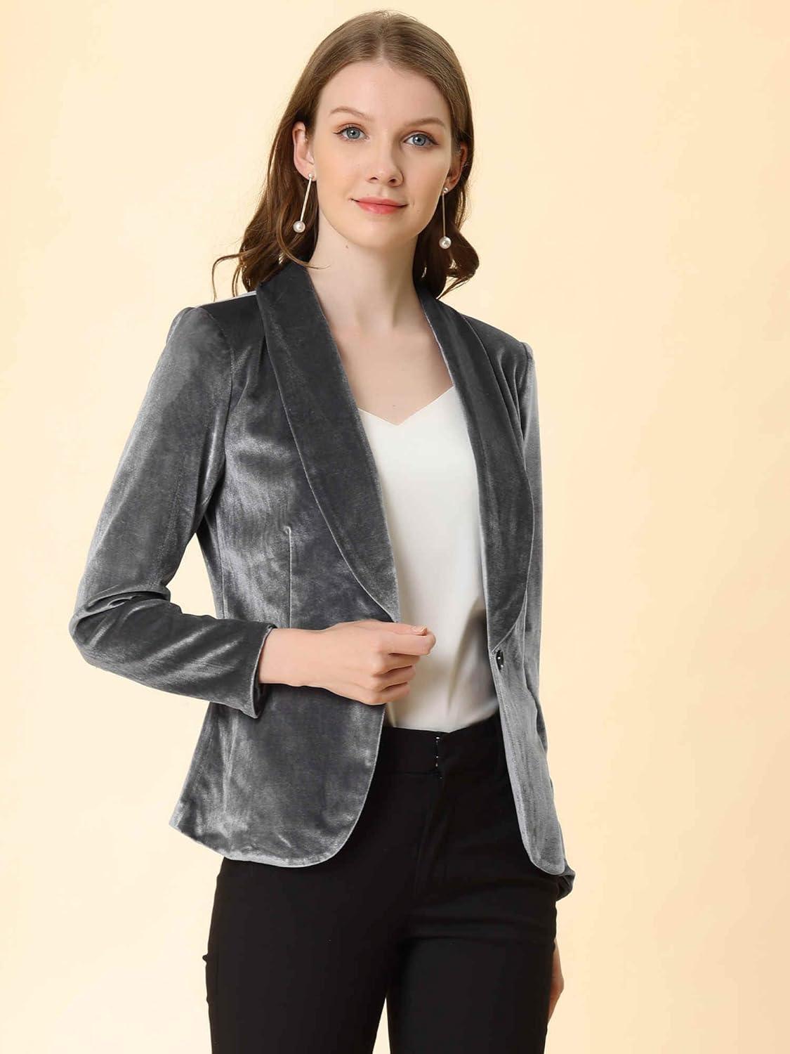 imageAllegra K Womens Halloween Christmas Office Coat Solid Shawl Collar 1 Button Velvet BlazerGray