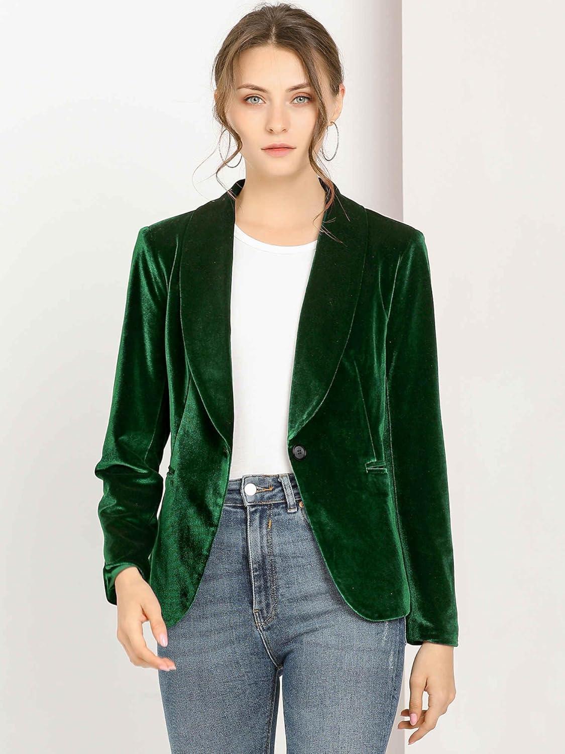 imageAllegra K Womens Halloween Christmas Office Coat Solid Shawl Collar 1 Button Velvet BlazerGreen