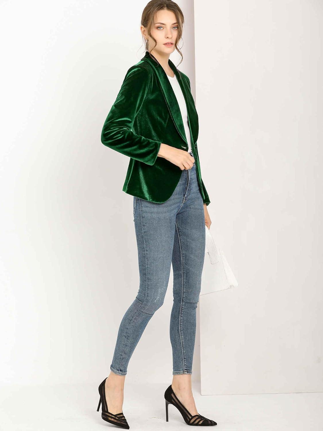 imageAllegra K Womens Halloween Christmas Office Coat Solid Shawl Collar 1 Button Velvet BlazerGreen