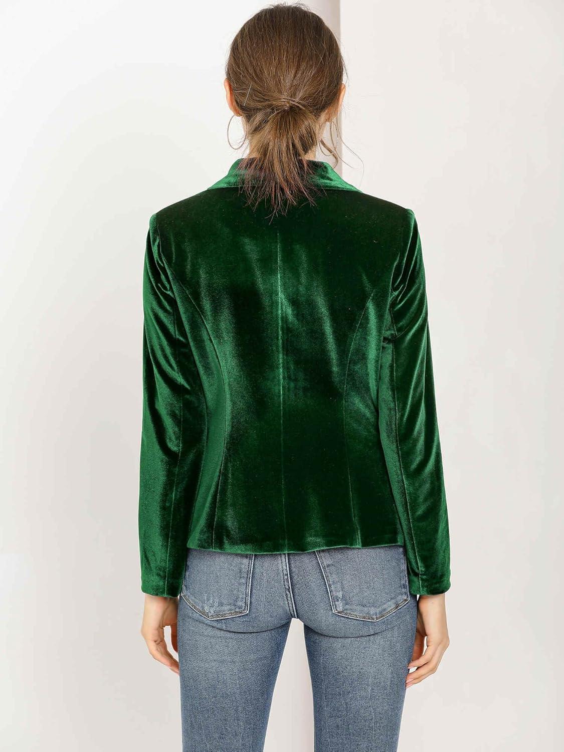 imageAllegra K Womens Halloween Christmas Office Coat Solid Shawl Collar 1 Button Velvet BlazerGreen