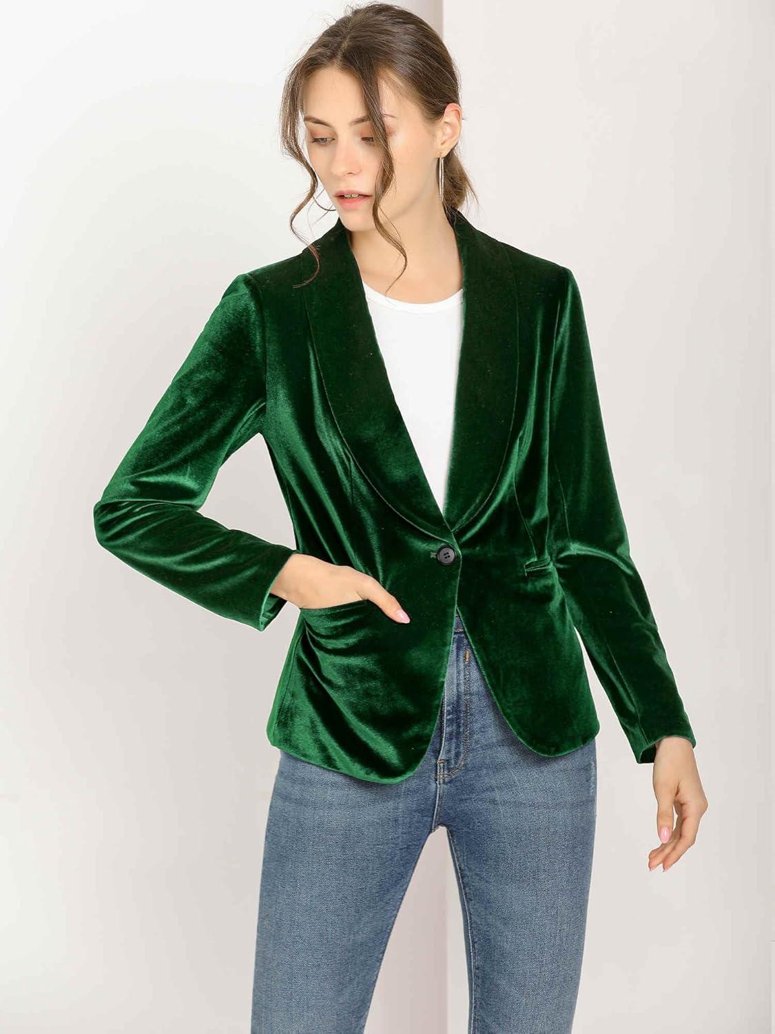 imageAllegra K Womens Halloween Christmas Office Coat Solid Shawl Collar 1 Button Velvet BlazerGreen