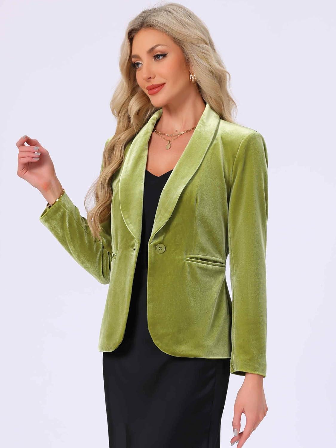 imageAllegra K Womens Halloween Christmas Office Coat Solid Shawl Collar 1 Button Velvet BlazerGreen Yellow