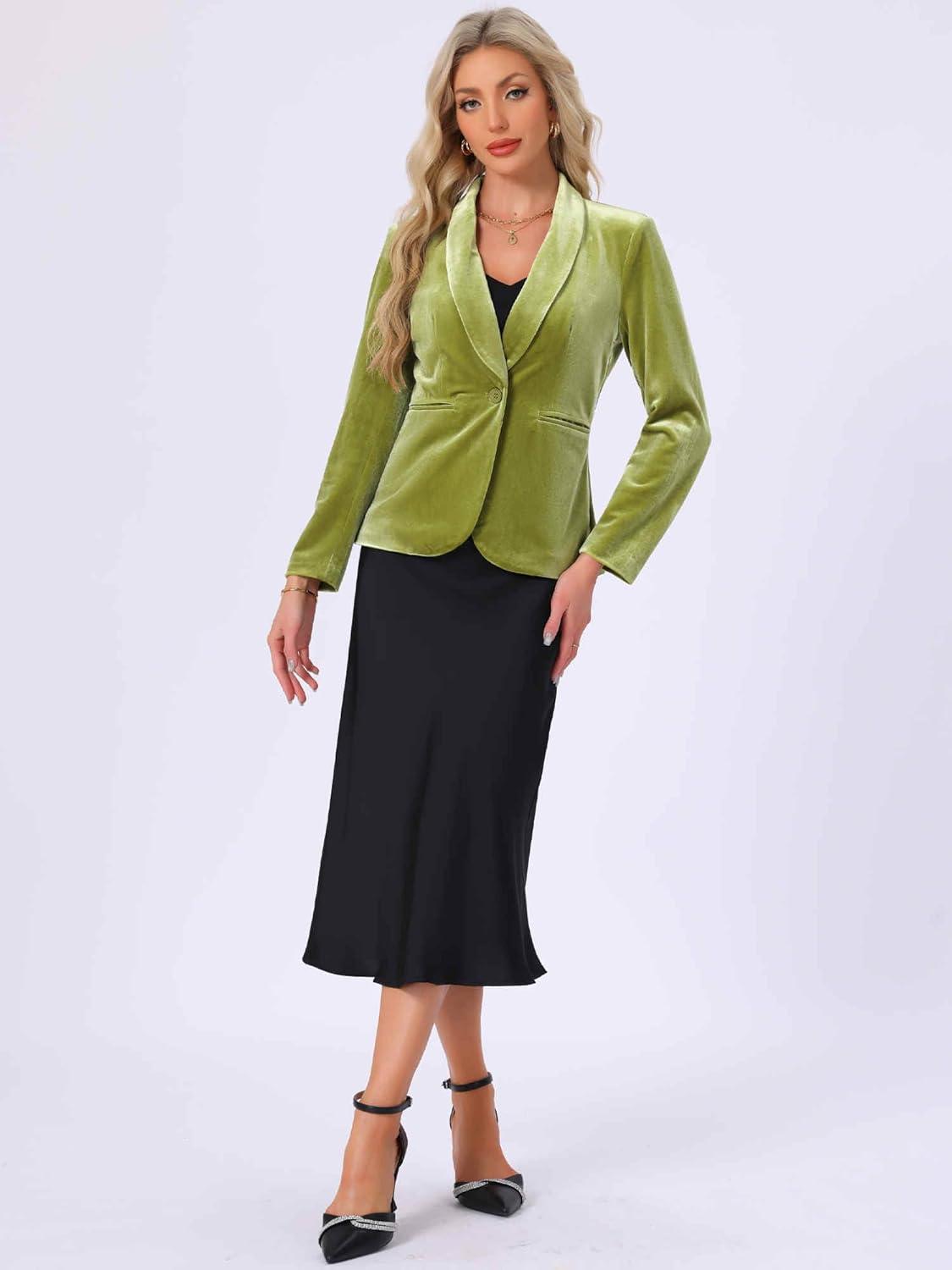 imageAllegra K Womens Halloween Christmas Office Coat Solid Shawl Collar 1 Button Velvet BlazerGreen Yellow