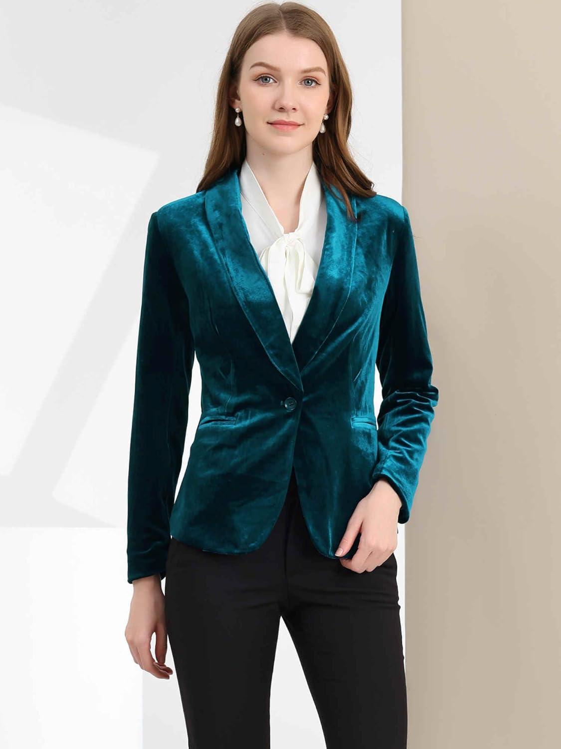 imageAllegra K Womens Halloween Christmas Office Coat Solid Shawl Collar 1 Button Velvet BlazerLake Blue