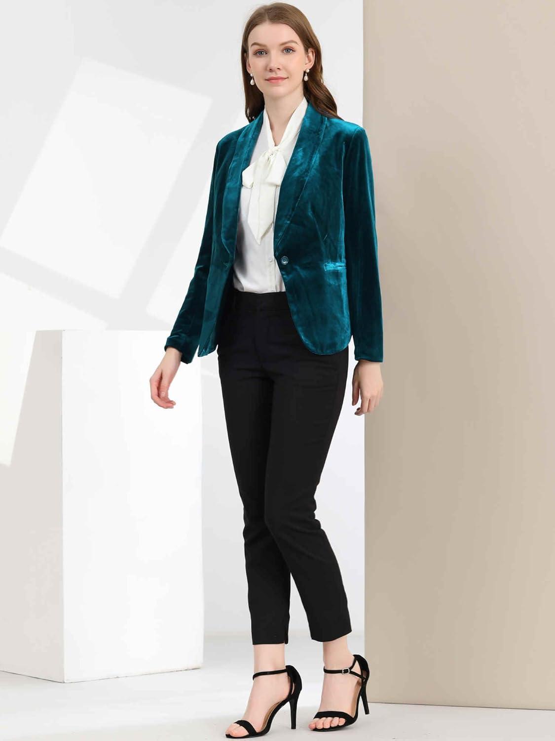 imageAllegra K Womens Halloween Christmas Office Coat Solid Shawl Collar 1 Button Velvet BlazerLake Blue