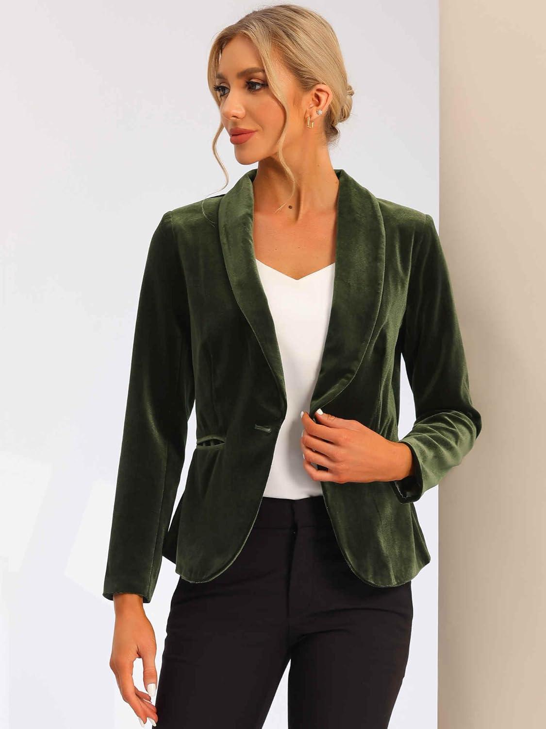 imageAllegra K Womens Halloween Christmas Office Coat Solid Shawl Collar 1 Button Velvet BlazerOlive Green