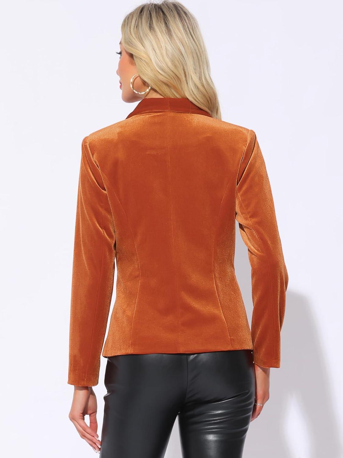 imageAllegra K Womens Halloween Christmas Office Coat Solid Shawl Collar 1 Button Velvet BlazerOrange