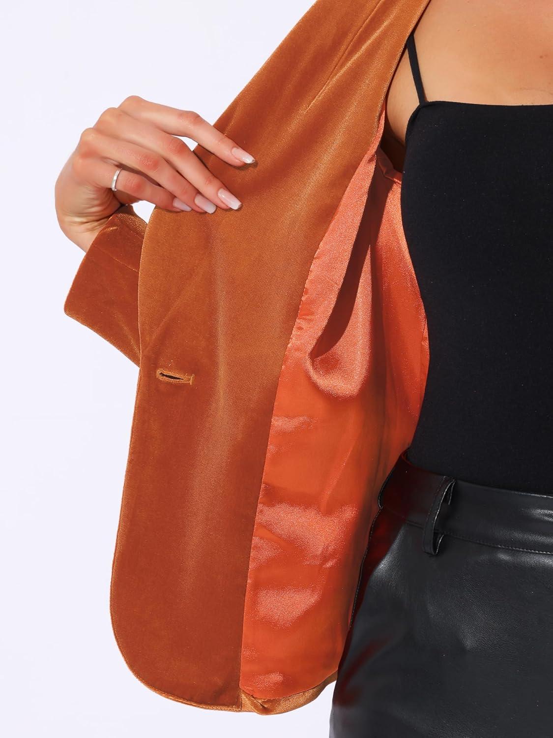 imageAllegra K Womens Halloween Christmas Office Coat Solid Shawl Collar 1 Button Velvet BlazerOrange