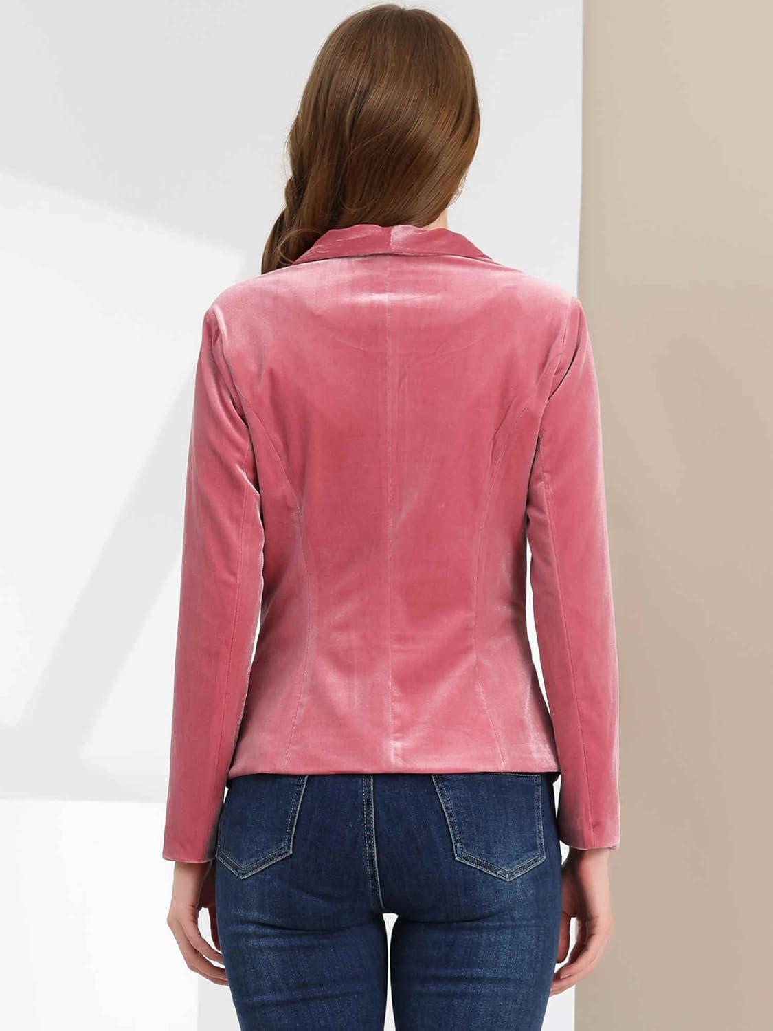 imageAllegra K Womens Halloween Christmas Office Coat Solid Shawl Collar 1 Button Velvet BlazerPink