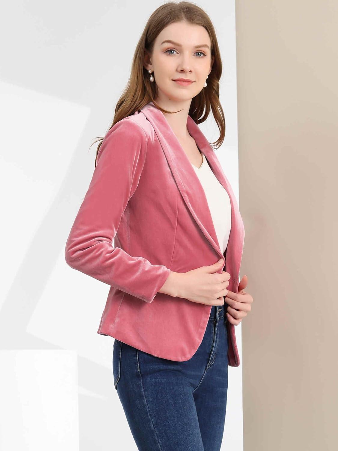 imageAllegra K Womens Halloween Christmas Office Coat Solid Shawl Collar 1 Button Velvet BlazerPink