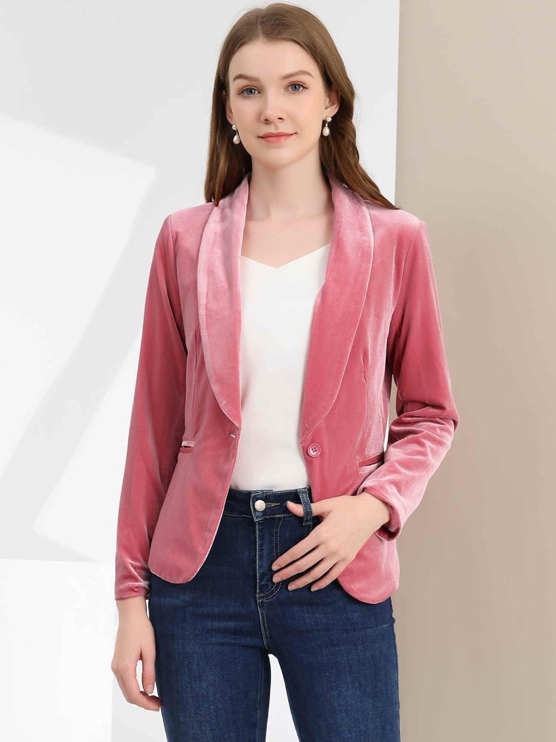 imageAllegra K Womens Halloween Christmas Office Coat Solid Shawl Collar 1 Button Velvet BlazerPink