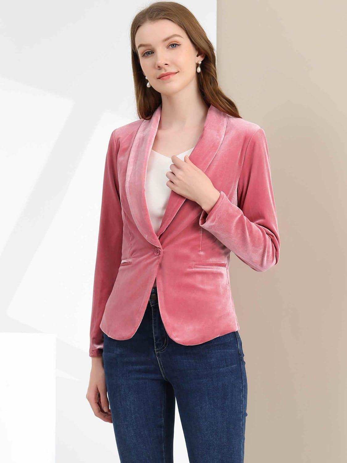 imageAllegra K Womens Halloween Christmas Office Coat Solid Shawl Collar 1 Button Velvet BlazerPink