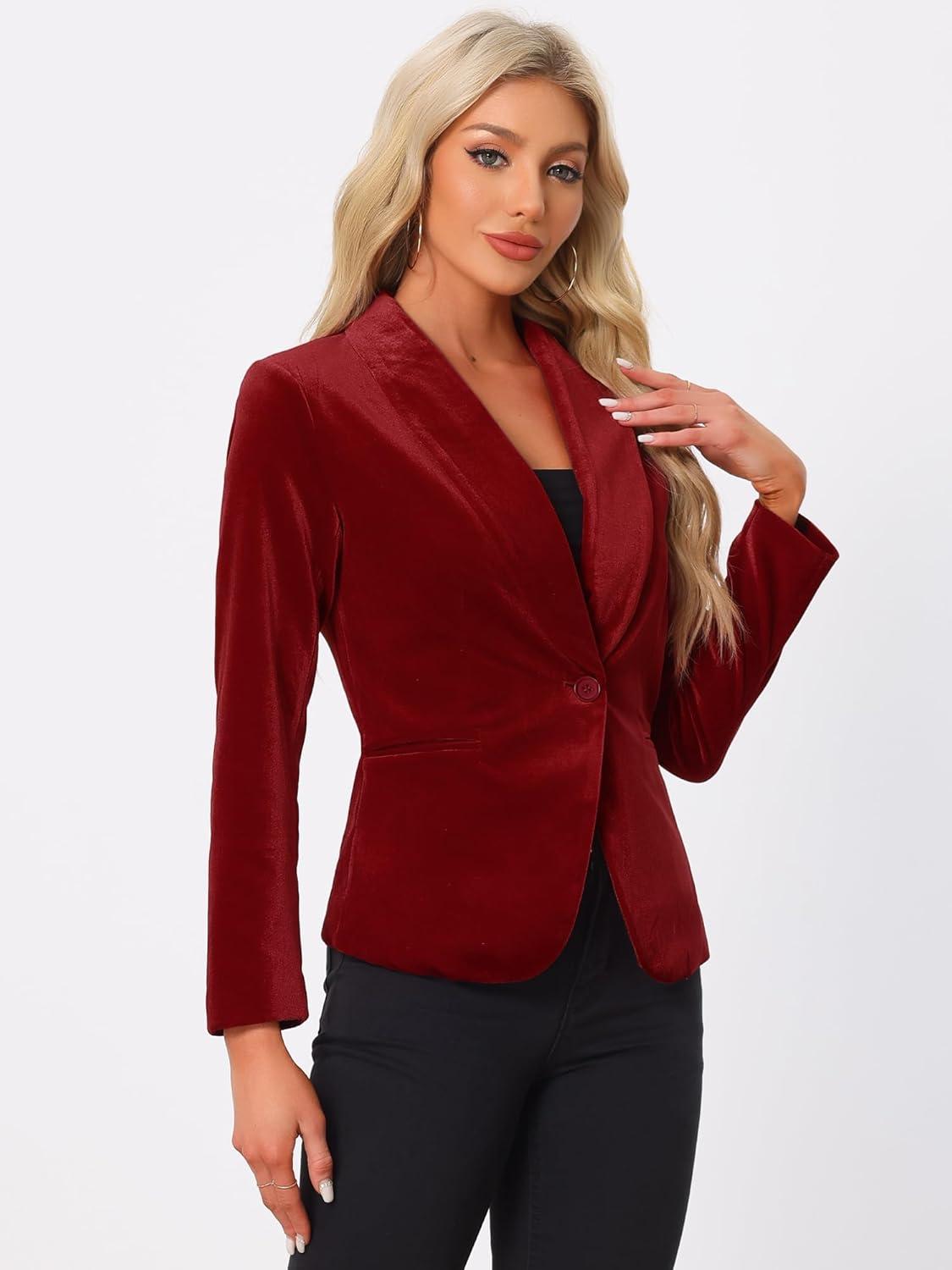 imageAllegra K Womens Halloween Christmas Office Coat Solid Shawl Collar 1 Button Velvet BlazerRed