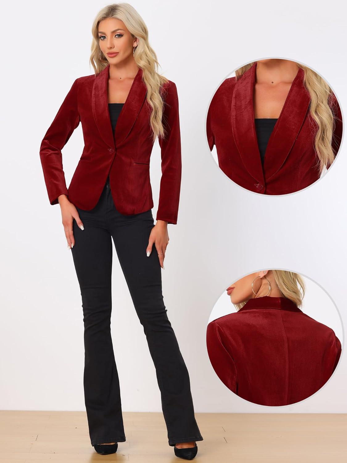 imageAllegra K Womens Halloween Christmas Office Coat Solid Shawl Collar 1 Button Velvet BlazerRed
