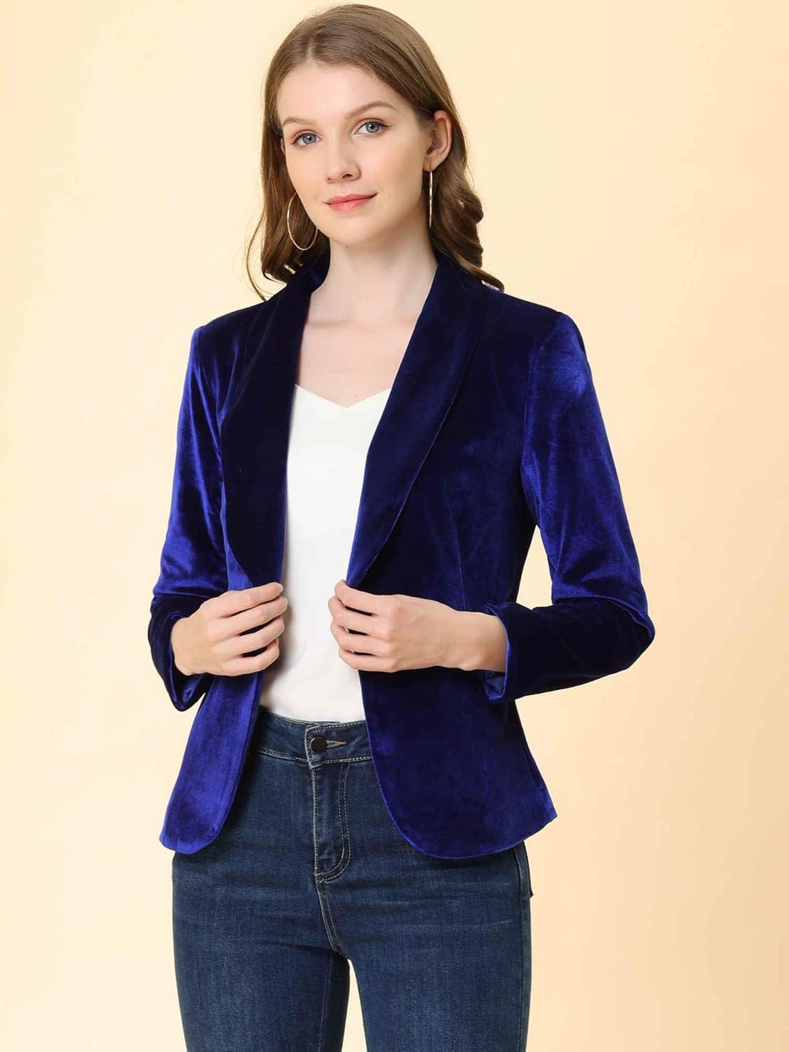 imageAllegra K Womens Halloween Christmas Office Coat Solid Shawl Collar 1 Button Velvet BlazerRoyal Blue