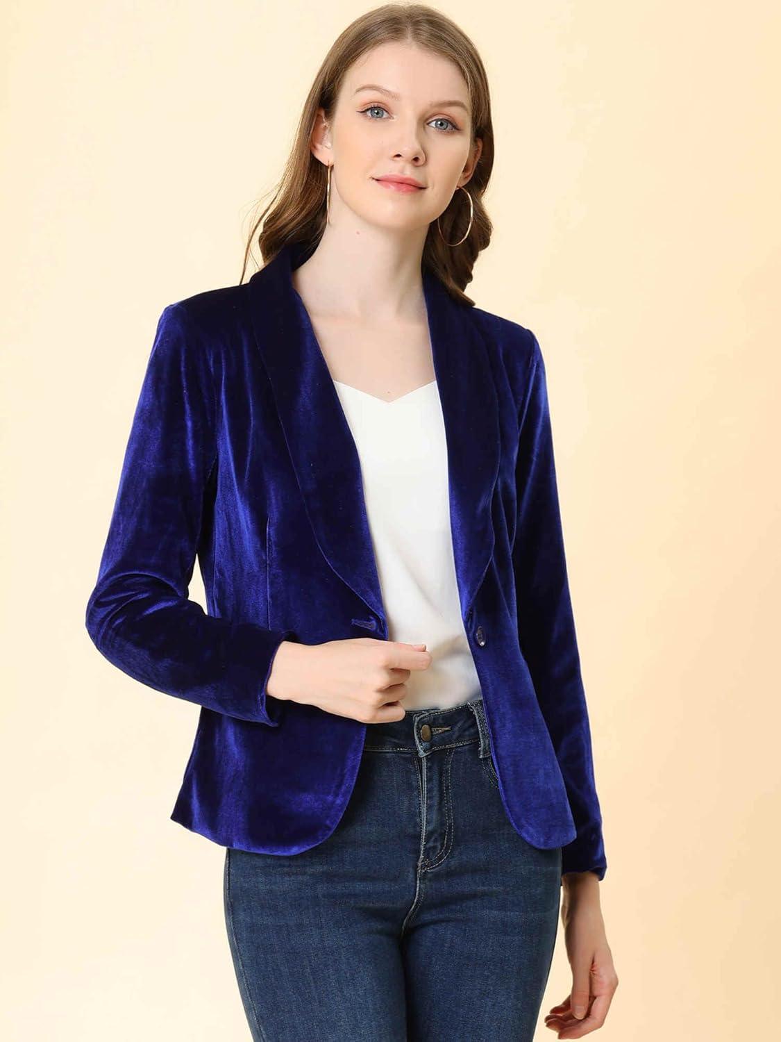imageAllegra K Womens Halloween Christmas Office Coat Solid Shawl Collar 1 Button Velvet BlazerRoyal Blue