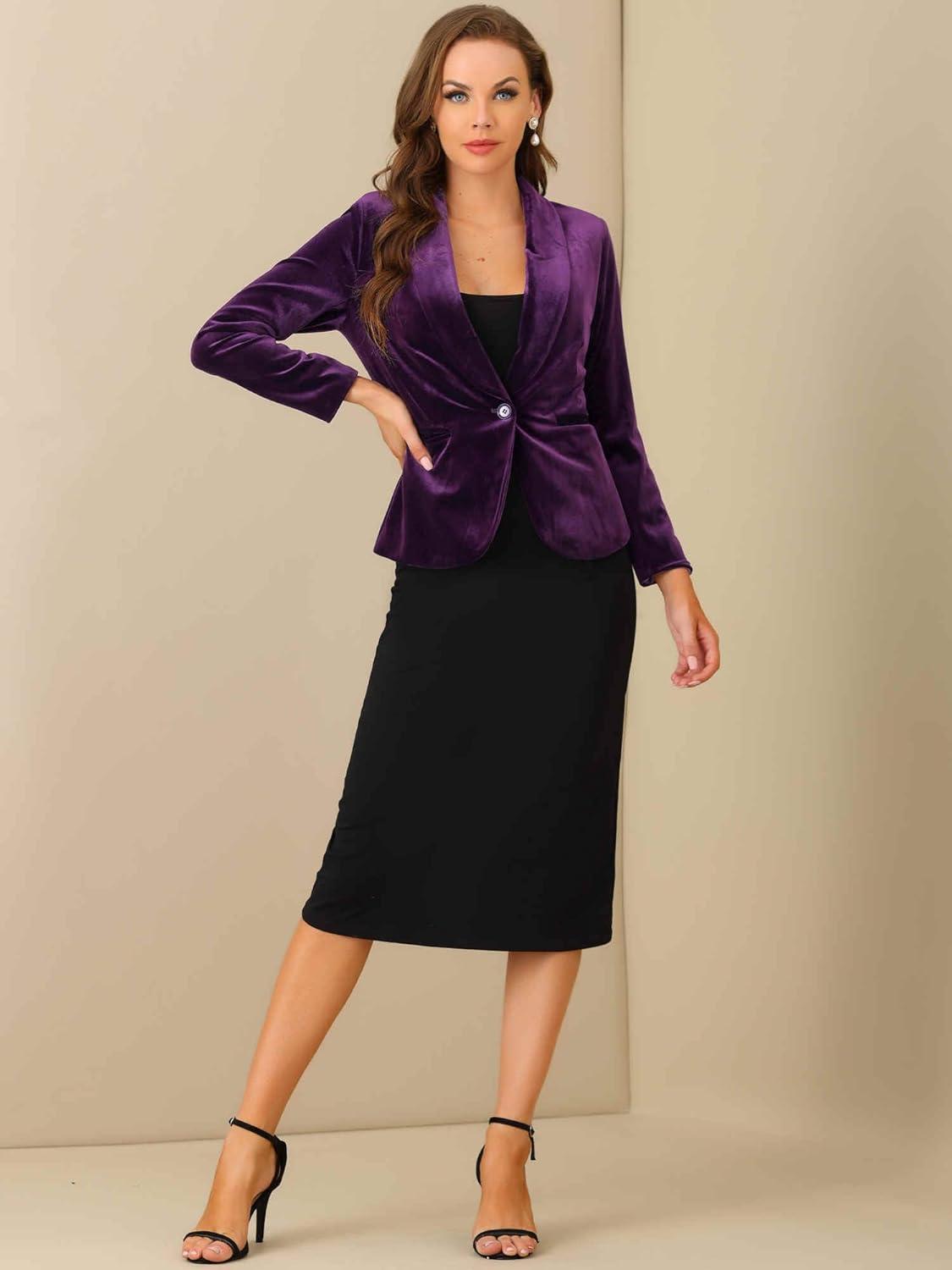 imageAllegra K Womens Halloween Christmas Office Coat Solid Shawl Collar 1 Button Velvet BlazerViolet
