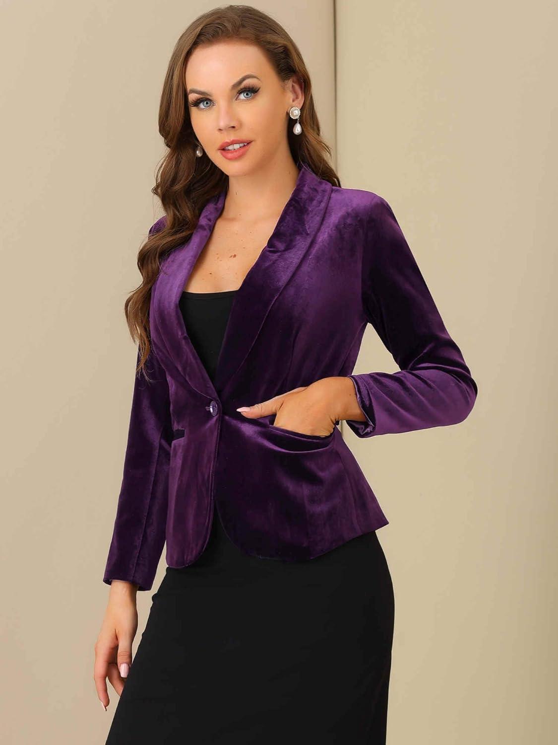 imageAllegra K Womens Halloween Christmas Office Coat Solid Shawl Collar 1 Button Velvet BlazerViolet