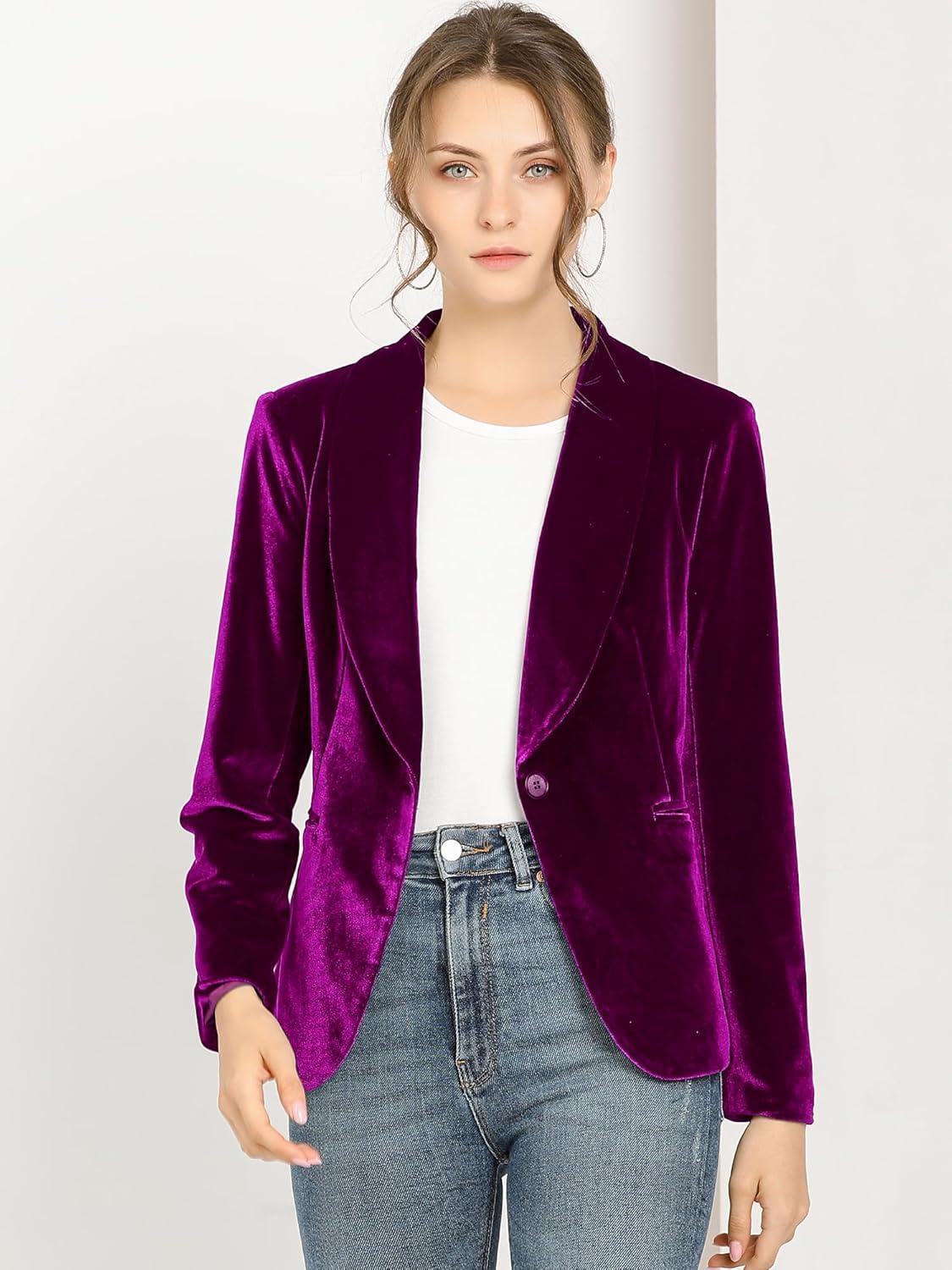 imageAllegra K Womens Halloween Christmas Office Coat Solid Shawl Collar 1 Button Velvet BlazerViolet Purple