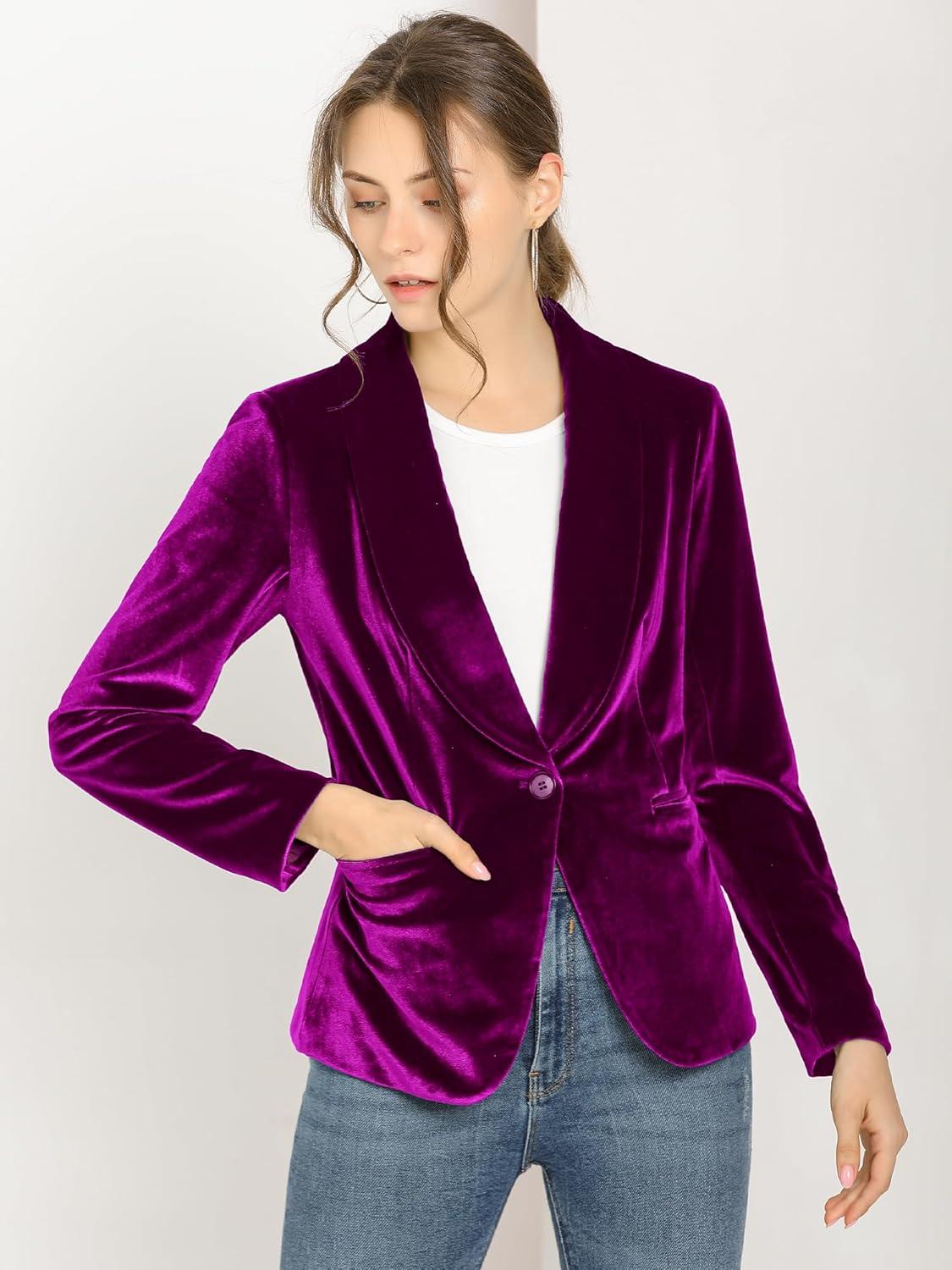 imageAllegra K Womens Halloween Christmas Office Coat Solid Shawl Collar 1 Button Velvet BlazerViolet Purple