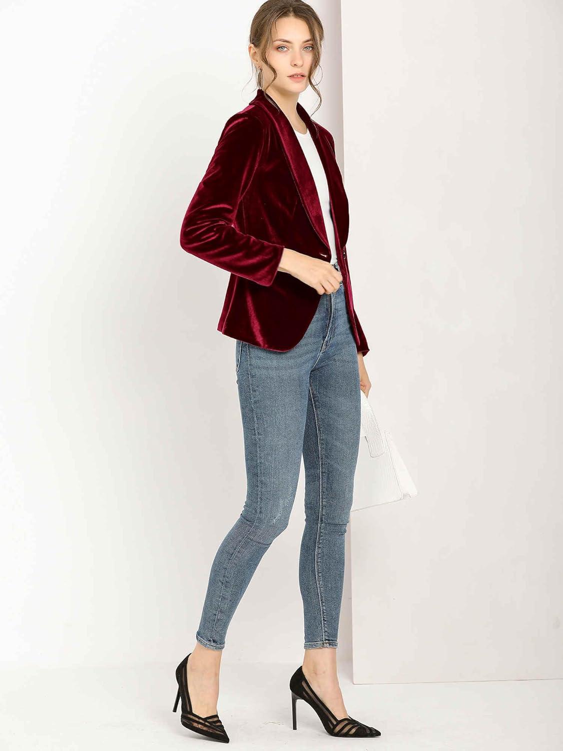 imageAllegra K Womens Halloween Christmas Office Coat Solid Shawl Collar 1 Button Velvet BlazerWine Red