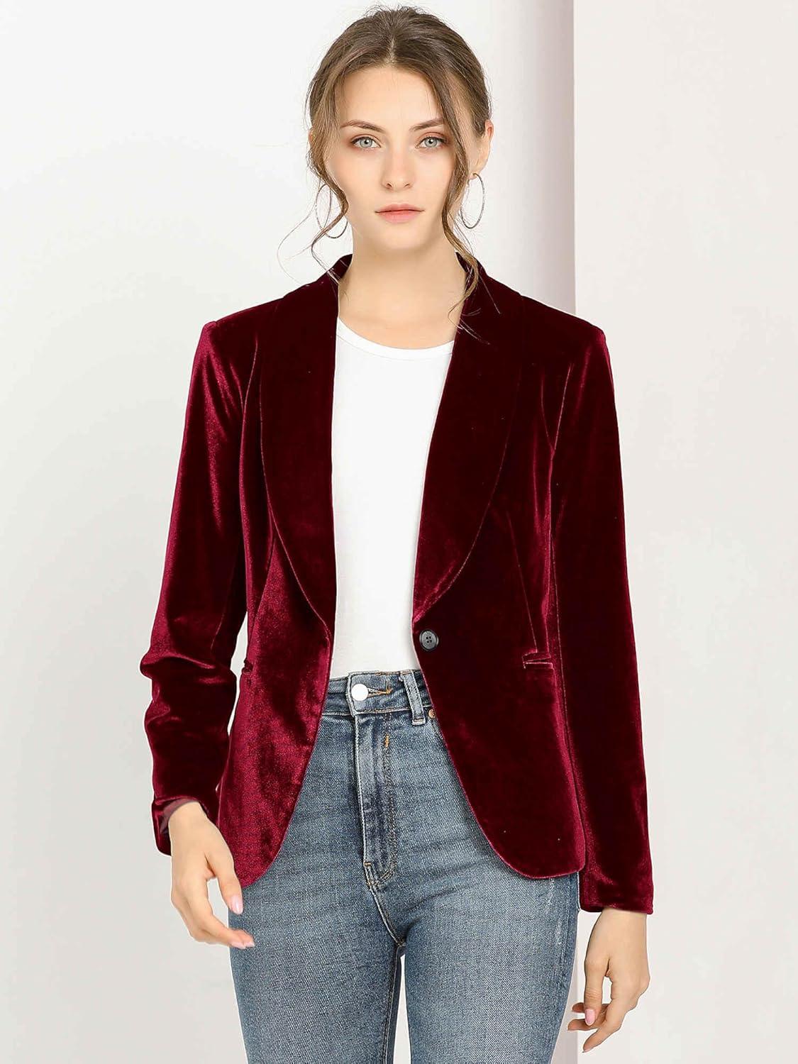 imageAllegra K Womens Halloween Christmas Office Coat Solid Shawl Collar 1 Button Velvet BlazerWine Red