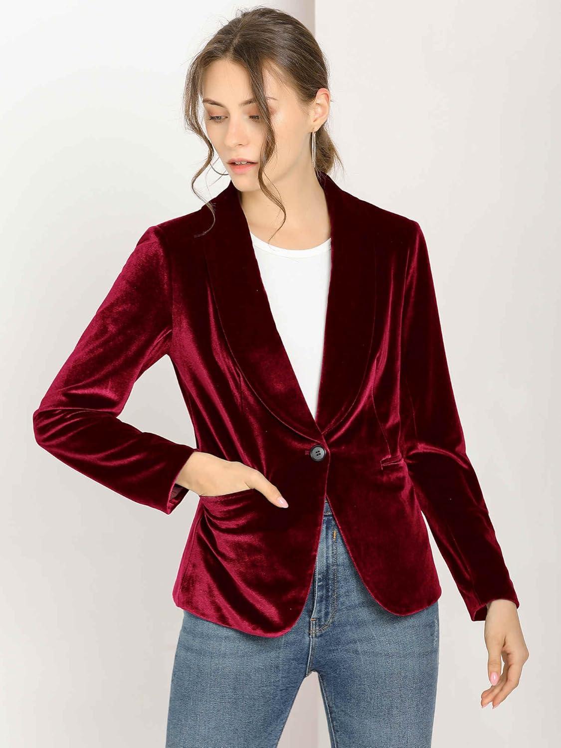 imageAllegra K Womens Halloween Christmas Office Coat Solid Shawl Collar 1 Button Velvet BlazerWine Red