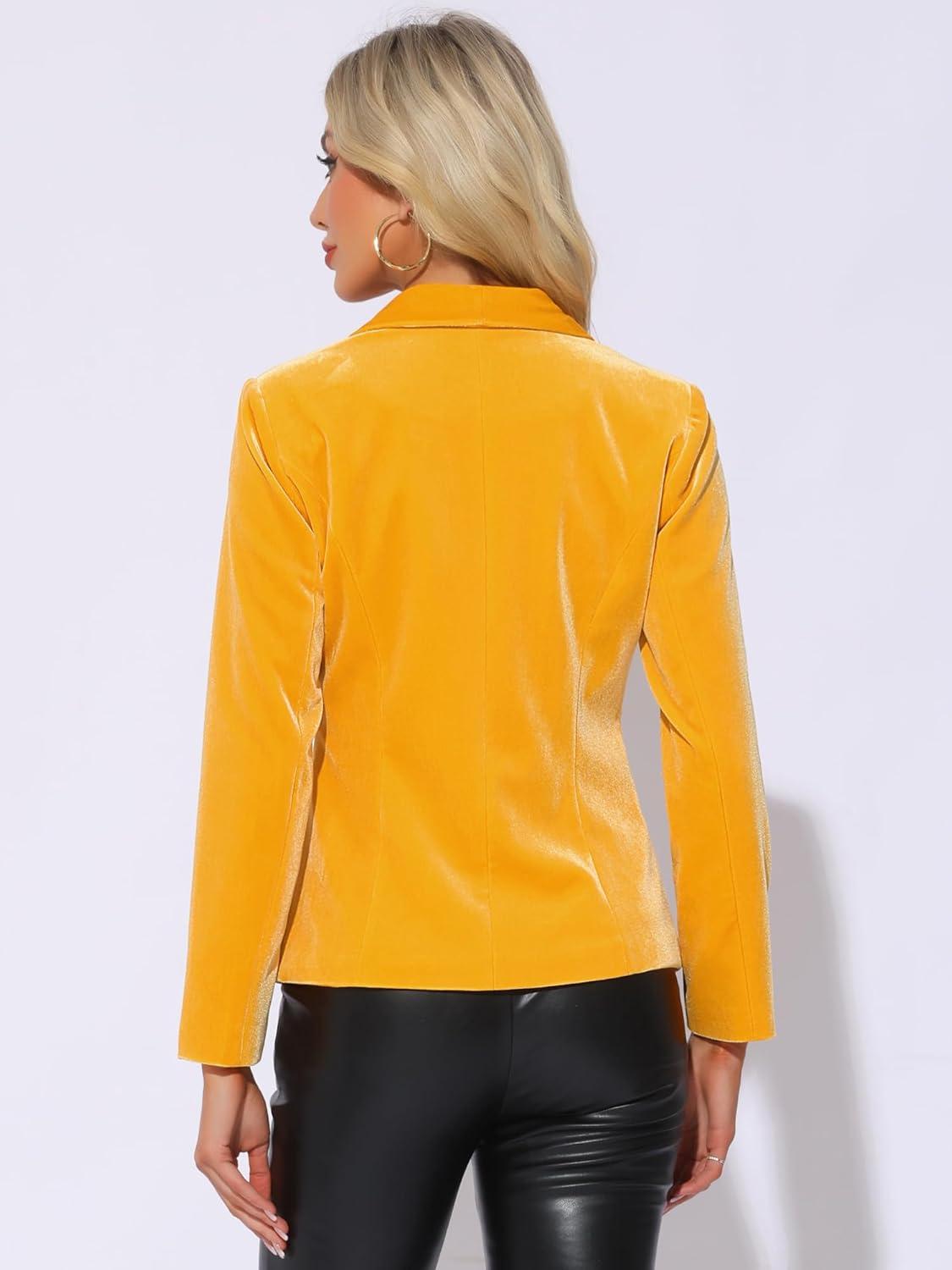imageAllegra K Womens Halloween Christmas Office Coat Solid Shawl Collar 1 Button Velvet BlazerYellow