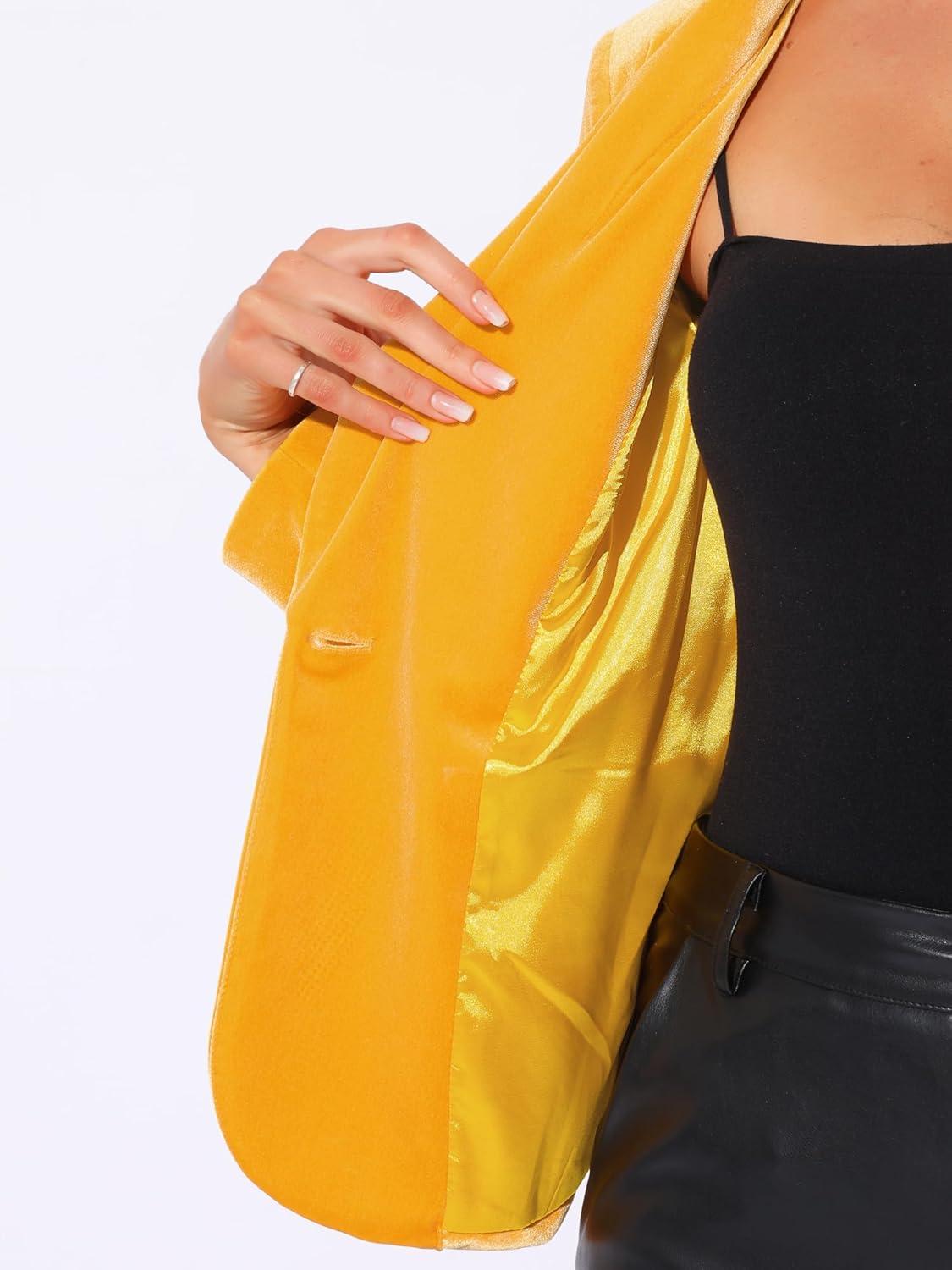 imageAllegra K Womens Halloween Christmas Office Coat Solid Shawl Collar 1 Button Velvet BlazerYellow