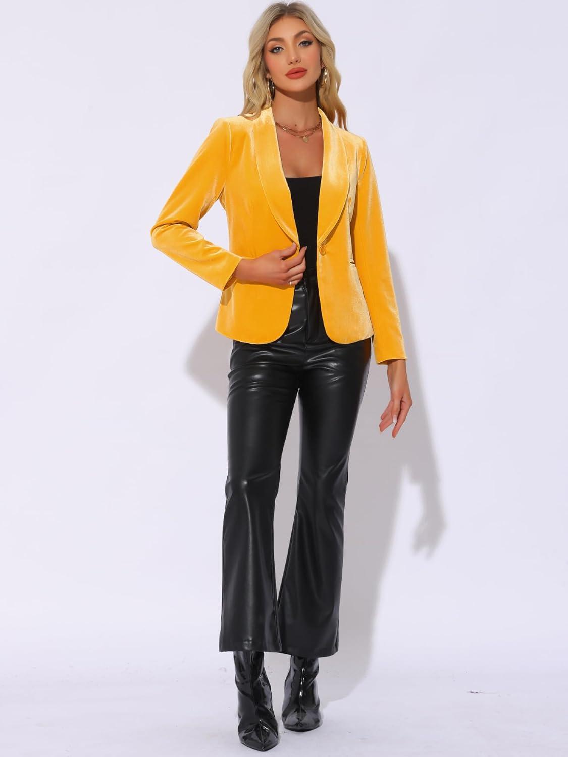 imageAllegra K Womens Halloween Christmas Office Coat Solid Shawl Collar 1 Button Velvet BlazerYellow