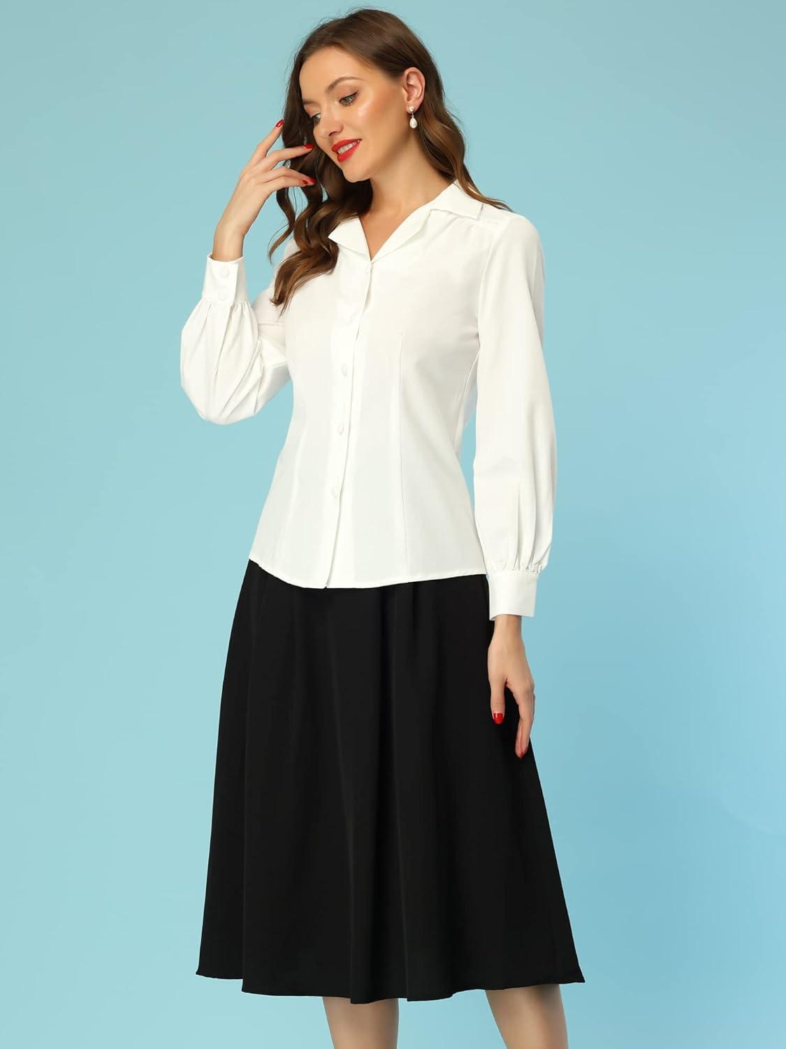 imageAllegra K Womens Long Sleeve Button Down Shirt Vintage Collared Work BlouseWhite