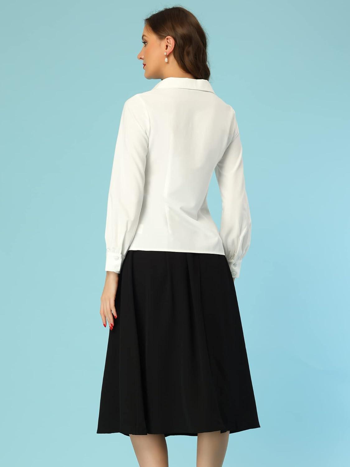 imageAllegra K Womens Long Sleeve Button Down Shirt Vintage Collared Work BlouseWhite