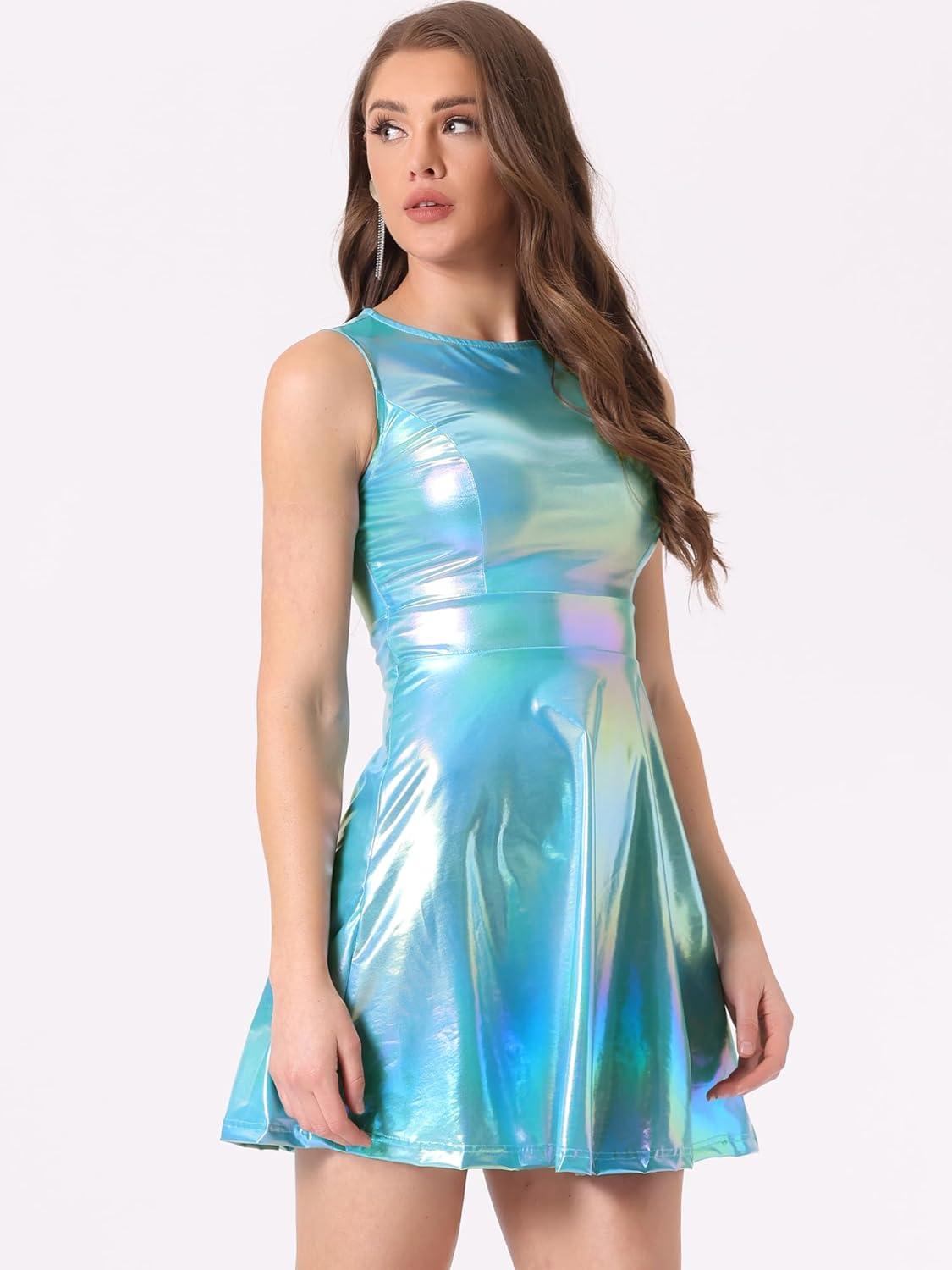 imageAllegra K Womens Metallic Sleeveless High Waist Club Party Disco Holographic DressBlue