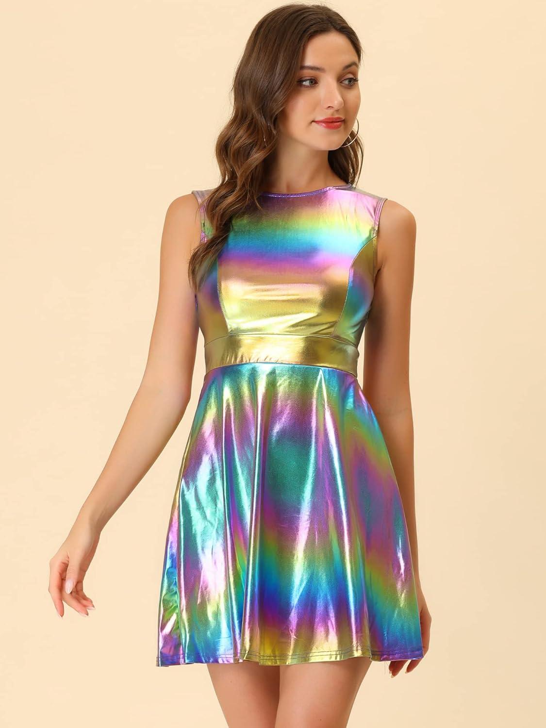 imageAllegra K Womens Metallic Sleeveless High Waist Club Party Disco Holographic DressBlue Purple