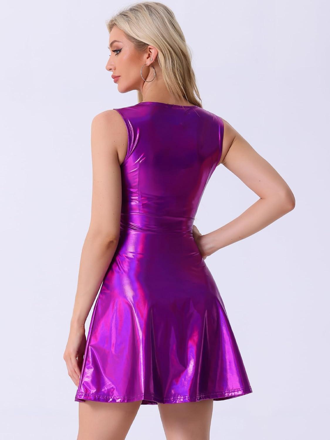 imageAllegra K Womens Metallic Sleeveless High Waist Club Party Disco Holographic DressDark Purple