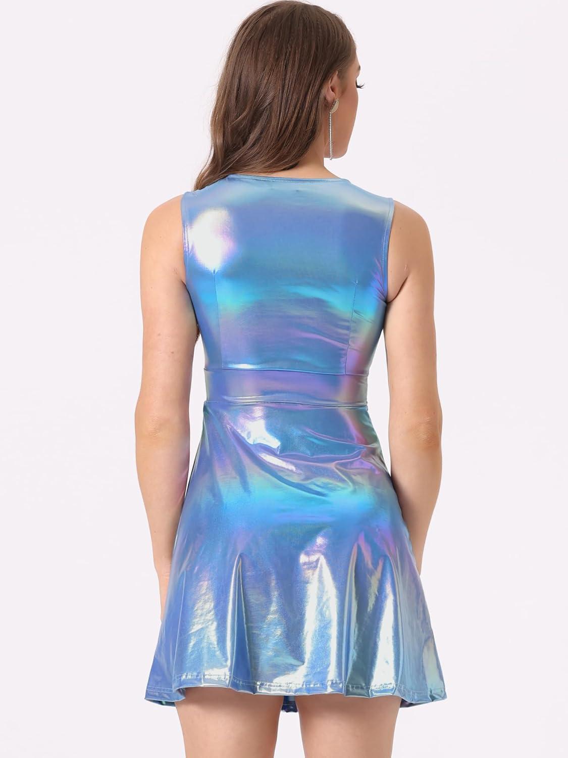 imageAllegra K Womens Metallic Sleeveless High Waist Club Party Disco Holographic DressHolographic Blue