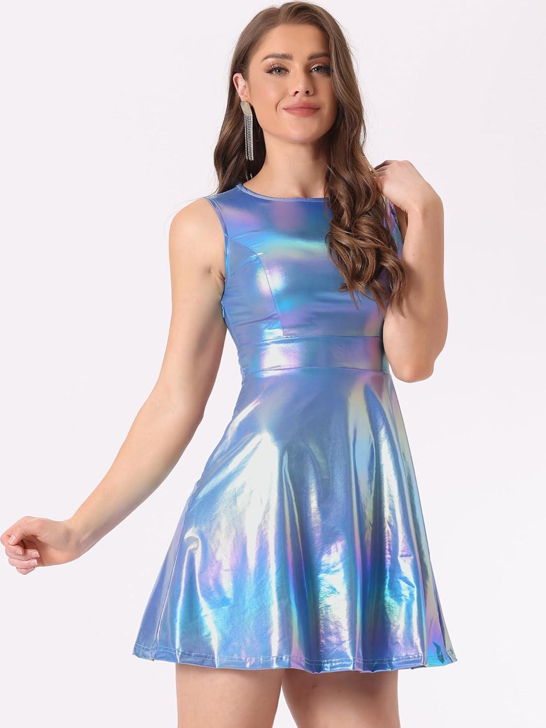 imageAllegra K Womens Metallic Sleeveless High Waist Club Party Disco Holographic DressHolographic Blue