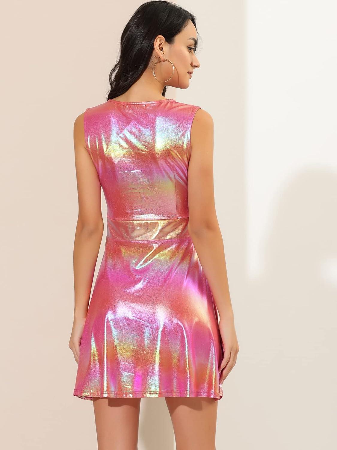 imageAllegra K Womens Metallic Sleeveless High Waist Club Party Disco Holographic DressHot Pink